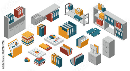 Isometric office supplies vector illustration for business and organization design