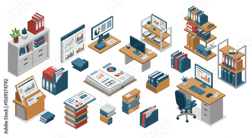 Modern office workspace isometric vector illustration for print or digital design