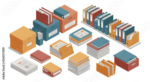 Isometric office documents and folders vector illustration for organization and filing concepts