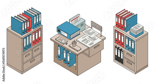 Office workspace organization vector illustration for print or poster design in isometric style