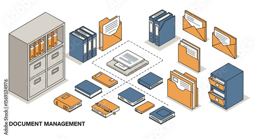 Office document management system vector illustration in isometric style for organizational design