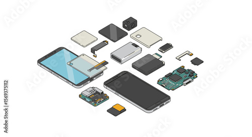 Isometric smartphone components vector illustration for technology and engineering design