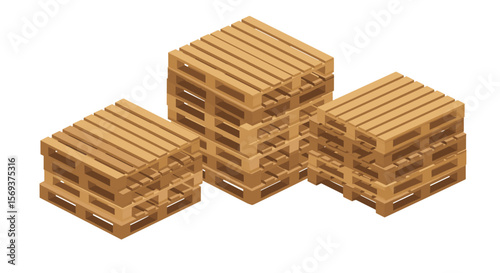 Isometric pallets vector illustration - wooden stacked pallets for warehouse and shipping design