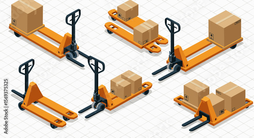 Isometric vector illustration of manual pallet jacks with boxes for warehouse and logistics design