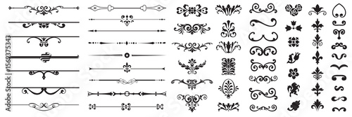 Set or collection of vector filigree flourishes for design. Decorative elements collection.