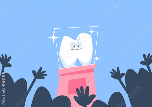 Beautiful tooth in glass box with crowd teeth illustration cartoon vector design. Dental care concept.