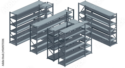Industrial storage solutions vector illustration: metal shelving units in isometric style for warehouse design