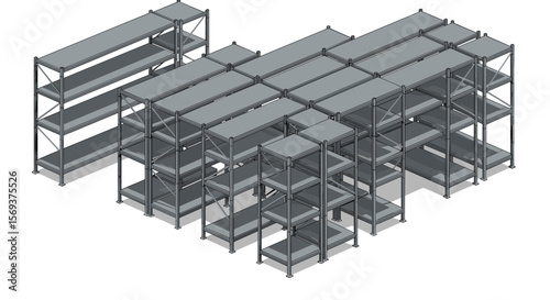 Isometric vector illustration of industrial metal shelving units for storage solutions and organization