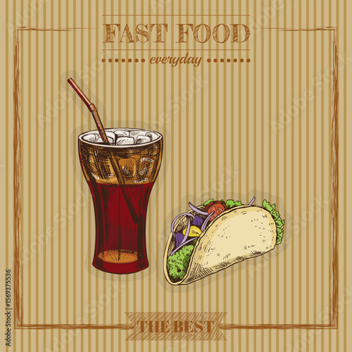 Hand drawn vintage composition of mexican taco and soda drink with striped background and fast food lettering