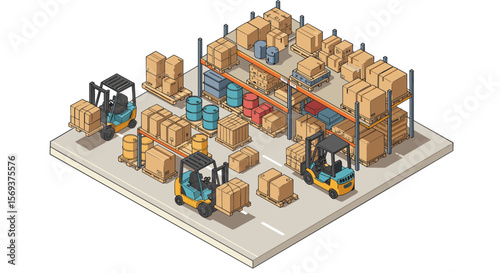 Isometric vector illustration of warehouse storage with forklifts and cargo for logistics and distribution design