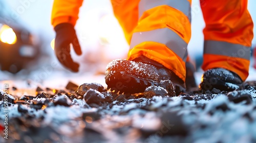 Worker in High-Vis Orange Gear on Snowy Ground