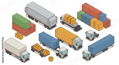 Isometric cargo vehicles with shipping containers vector illustration for logistic design