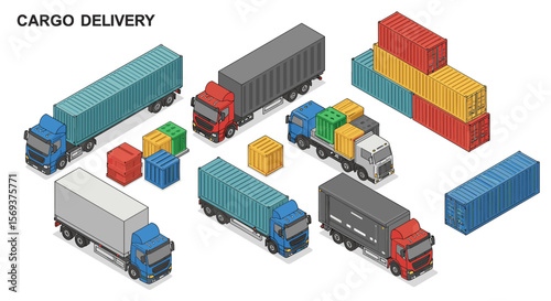 Cargo delivery trucks and containers vector illustration in isometric style for logistics design
