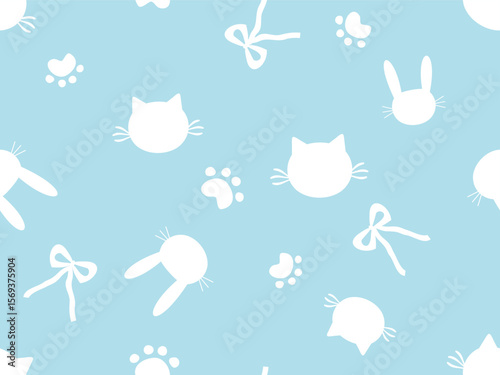 Seamless pattern with rabbit, cat, paw prints and ribbon bows on blue background vector.
