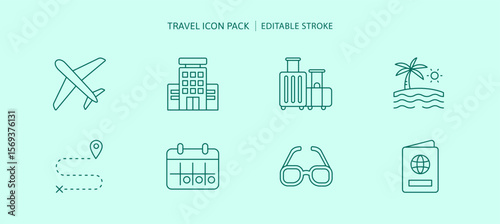 Travel vacation icon set including airplane flight, rental hotel, seascape beach view, luggage bag, location gps pin, calendar, sunglasses accessories, passport and booking. traveling outline icons.