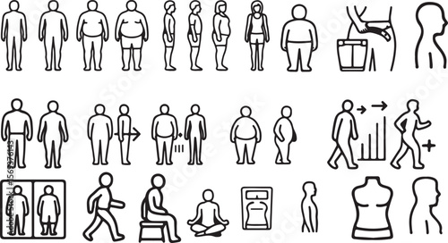 set of people silhouettes Weight and Fitness Line Art Icons in Black and White