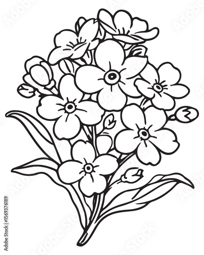 Elegant outline illustration of a forget me not flower bouquet for creative design projects