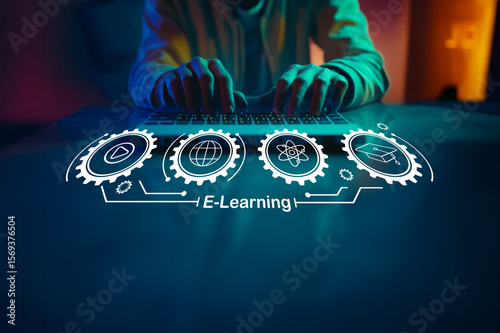 Hands Typing on Laptop with E-Learning Icons and Technology Elements Representing Online Education in a Modern Classroom Environment