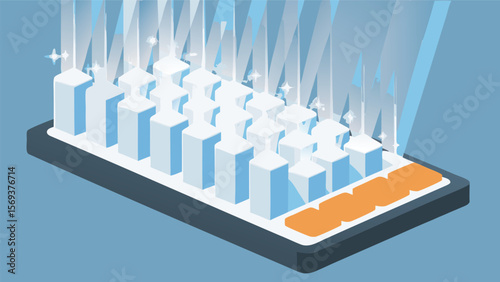 Isometric view of a digital interface with white and blue columns and orange buttons on a device screen