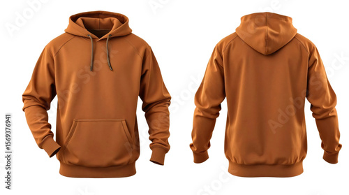 Brown hoodie in front and back view, mockup isolated on transparent background