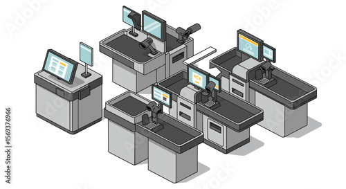 Isometric vector illustration of self-checkout machines for retail design and technology concepts