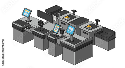 Self-checkout machines in supermarket isometric 3d vector illustration for retail design