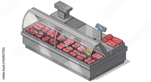 Isometric vector illustration of a meat display counter for butcher shop design