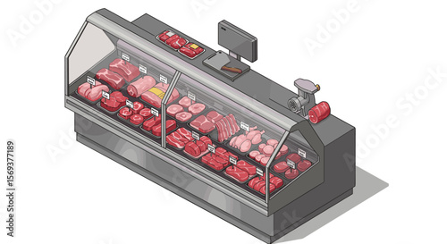 Isometric vector illustration of a supermarket meat display for retail and marketing design