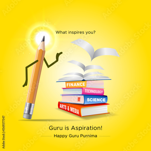Happy guru purnima or teachers day. World modern youth skills development books, pencil and educational background illustration.