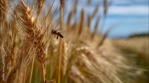 Bee flying above golden wheat field in summer / 黄金色の麦畑を舞う蜂と夏の風景