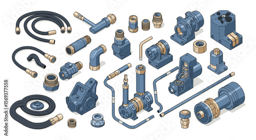 Industrial machinery parts vector illustration: detailed hydraulic components for engineering design in isometric style