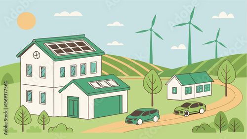 Sustainable living with solar panels wind turbines and electric cars for eco friendly community design
