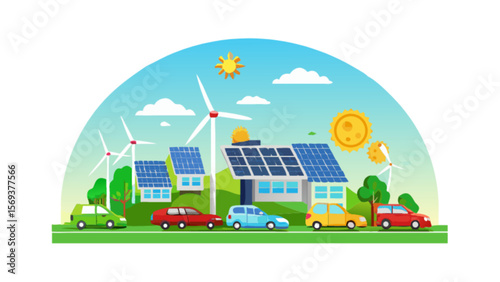 Illustrative green energy landscape with solar panels wind turbines and electric vehicles for sustainability