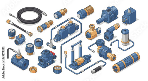 Industrial hydraulic components vector illustration for technical design and engineering projects