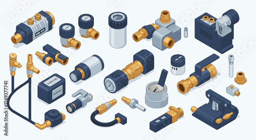 Isometric vector illustration of mechanical components for engineering design and industrial projects