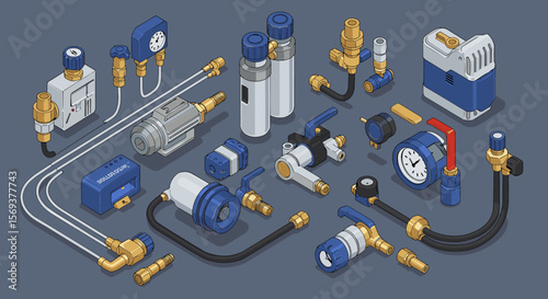 Isometric vector illustration of industrial plumbing tools and equipment for design projects