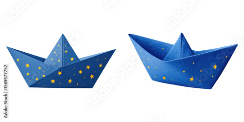 Blue paper boat with yellow star pattern floating in imagination and childlike fantasy