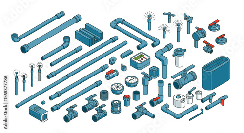 Isometric plumbing system components vector illustration for design projects
