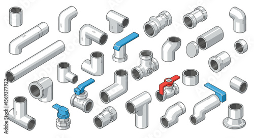 Plumbing components vector illustration for design projects, featuring pipes, fittings, and valves in isometric style