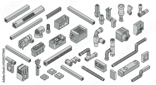 Isometric vector illustration of industrial electric components for engineering design