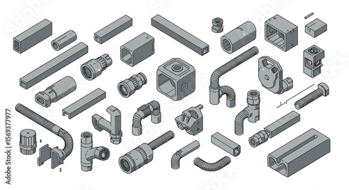 Isometric vector illustration of industrial machine parts for design and engineering projects