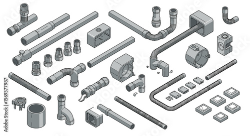 Isometric vector illustration of industrial pipe components for mechanical design and engineering projects