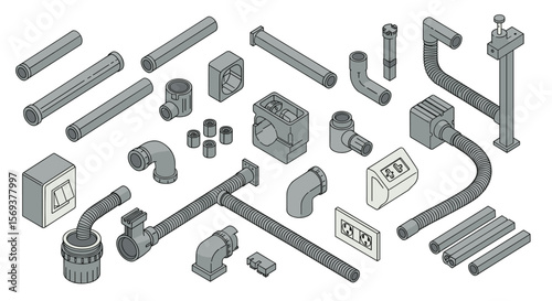 Isometric vector illustration of plumbing and electrical components for technical design