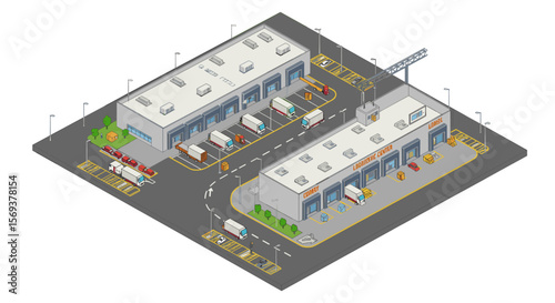 Isometric warehouse and logistics hub vector illustration for design and posters
