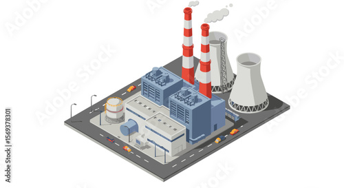 Isometric vector illustration of industrial power plant with cooling towers and chimneys for architectural design