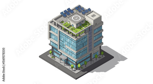 Modern eco-friendly office building with rooftop garden and solar panels vector illustration