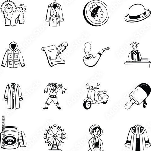 Collection of English Culture Doodle Style Icons 
