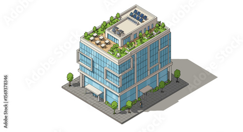 Modern eco-friendly building with rooftop garden and solar panels vector illustration for urban design