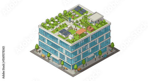 Isometric vector illustration of a modern eco-friendly building with rooftop garden for architectural design
