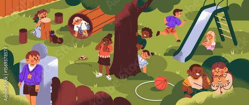Happy children play hide and seek outdoors. Kids have fun on playground in summer. Blindfold girl is counting while game, students peeking, look out behind trees in park. Flat vector illustration